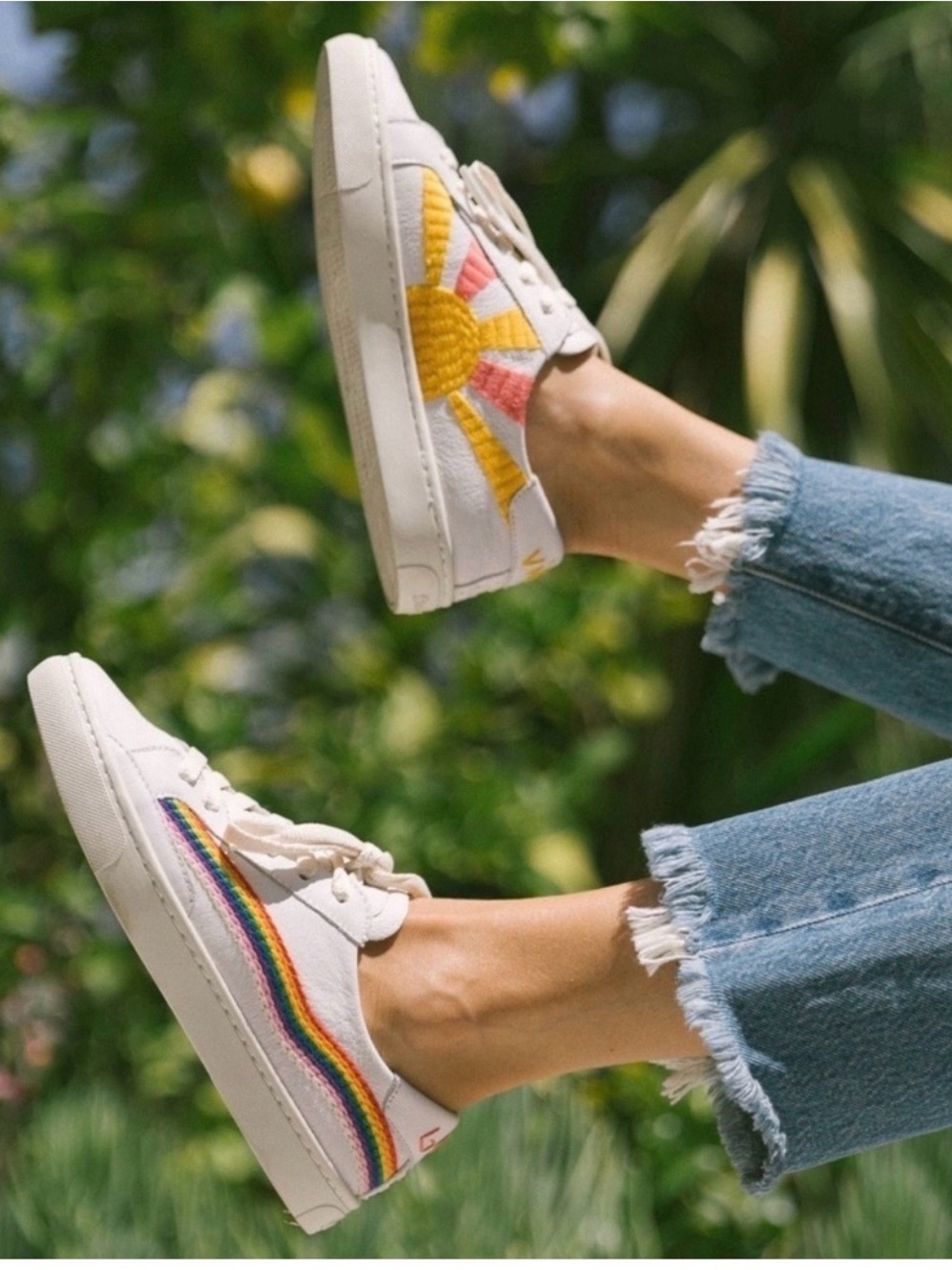 Soludos Ibiza White Canvas Sneakers with Rainbow Stripe and Sun Embroidery